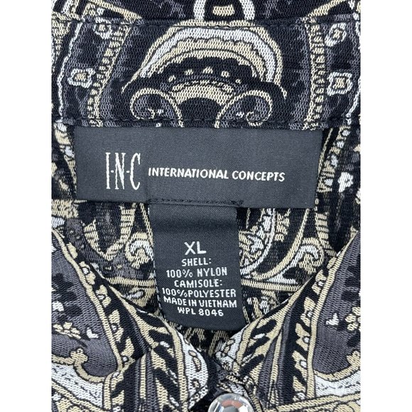 INC Black Paisley Long Sleeve Rhinestone Buttons Sheer Collared Top Shirt XL - Picture 10 of 14